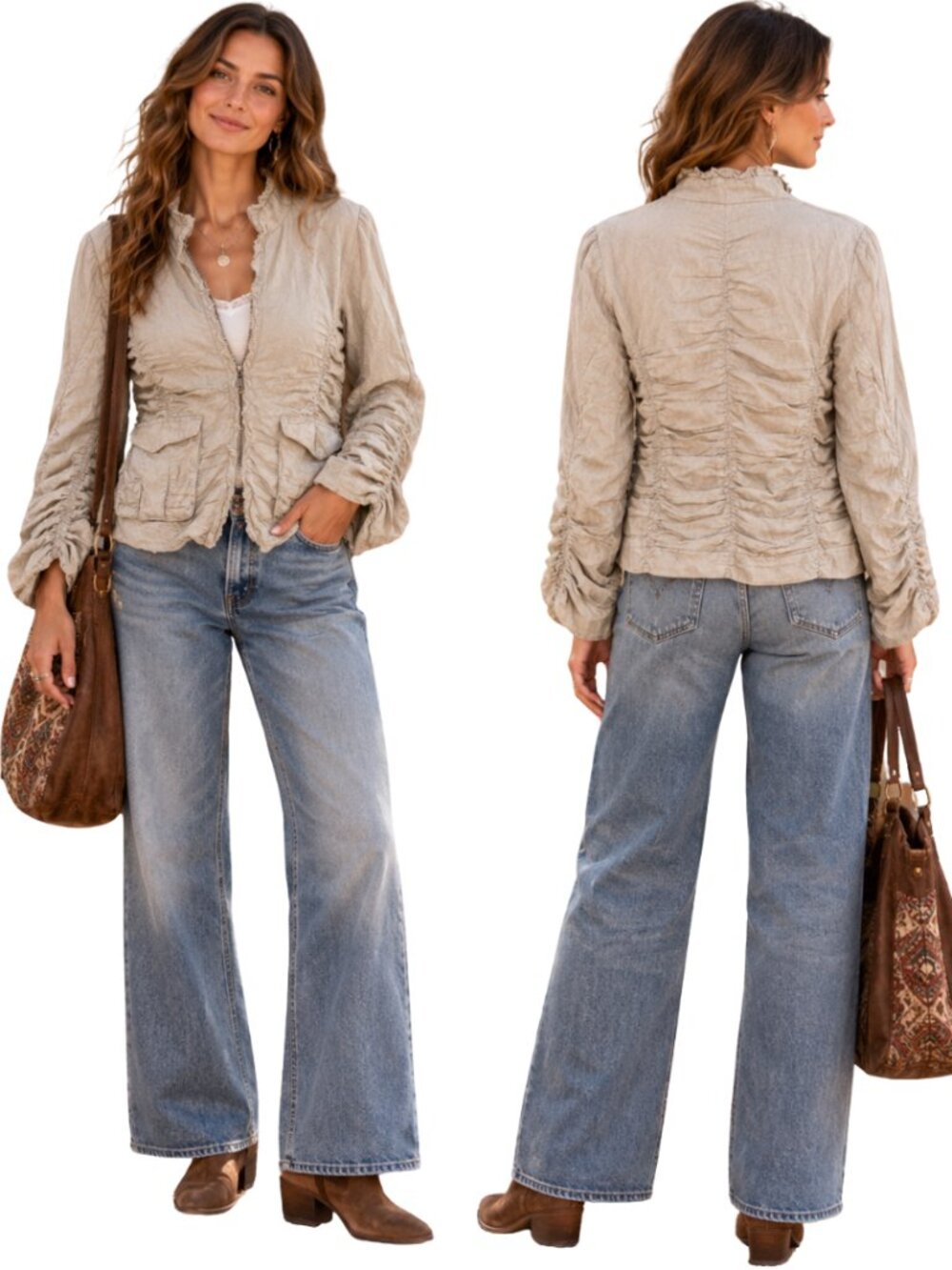 Sundance Ruched Full Zip Jacket Women's 12 Beige Bohemian Minimalist Casual Chic